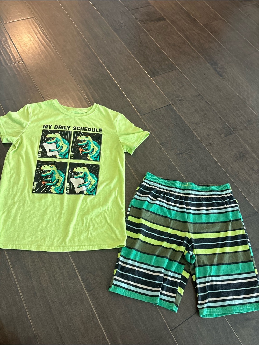 Kids Neon Green Dinosaur Pajama Set - Short Sleeve Top & Striped Shorts